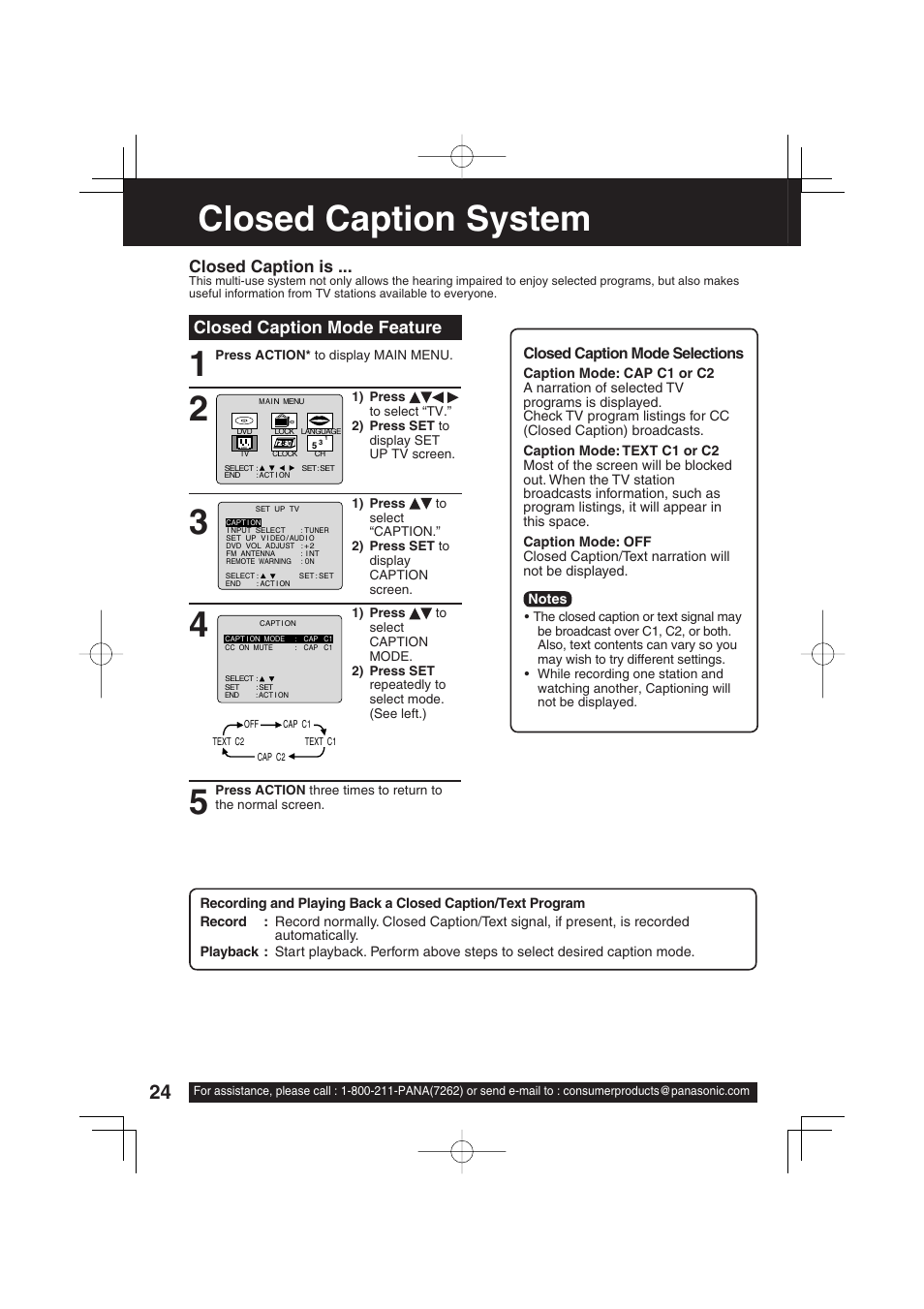 Closed caption system, Closed caption mode feature, Closed caption is | Panasonic PV-DF2703 User Manual | Page 24 / 80