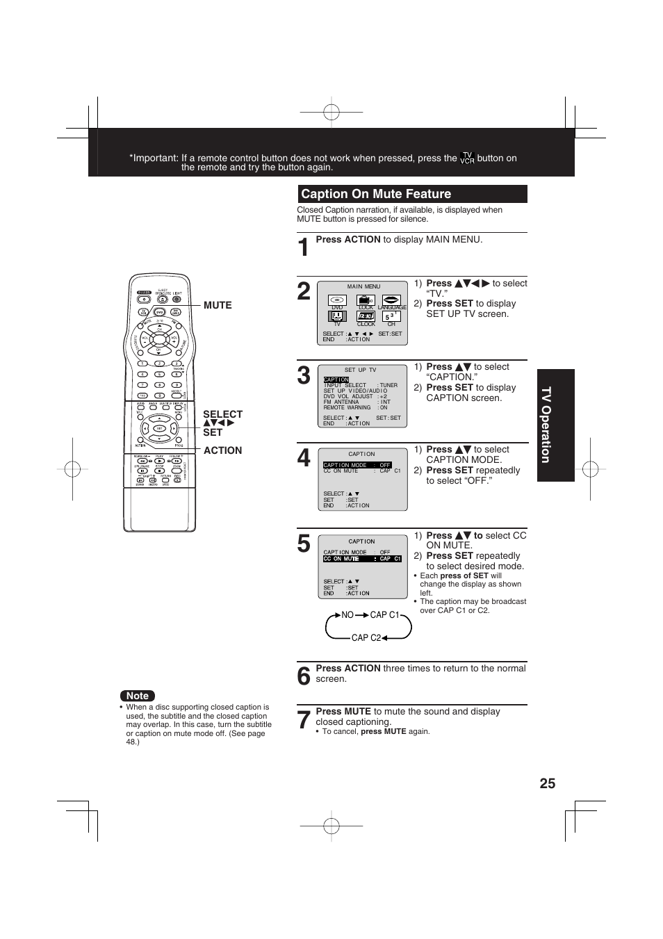 Caption on mute feature, Tv operation | Panasonic PV-DF2703 User Manual | Page 25 / 80