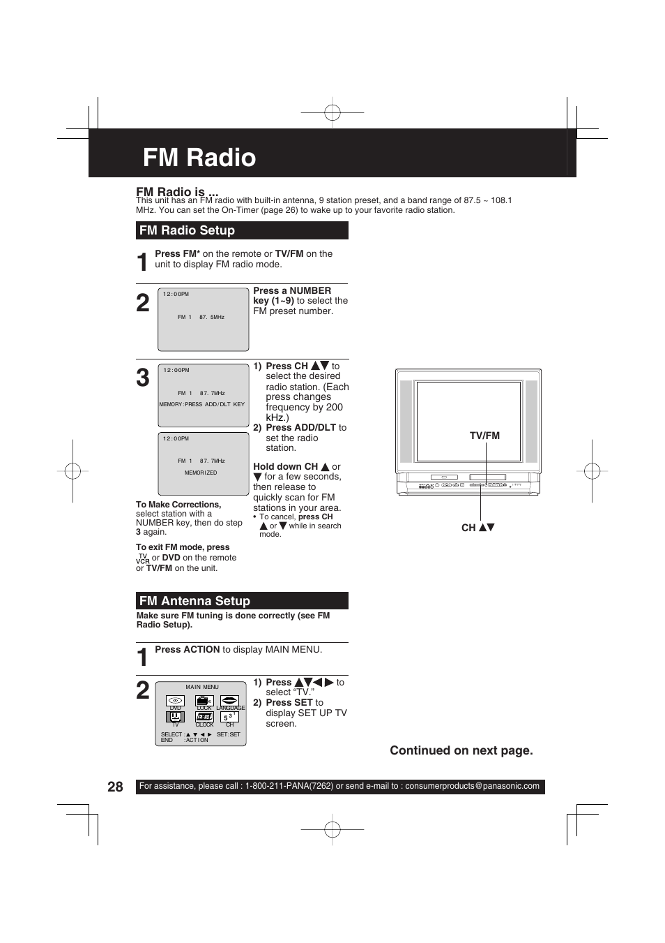 Fm radio, Fm radio setup, Fm antenna setup | Fm radio is, Continued on next page | Panasonic PV-DF2703 User Manual | Page 28 / 80