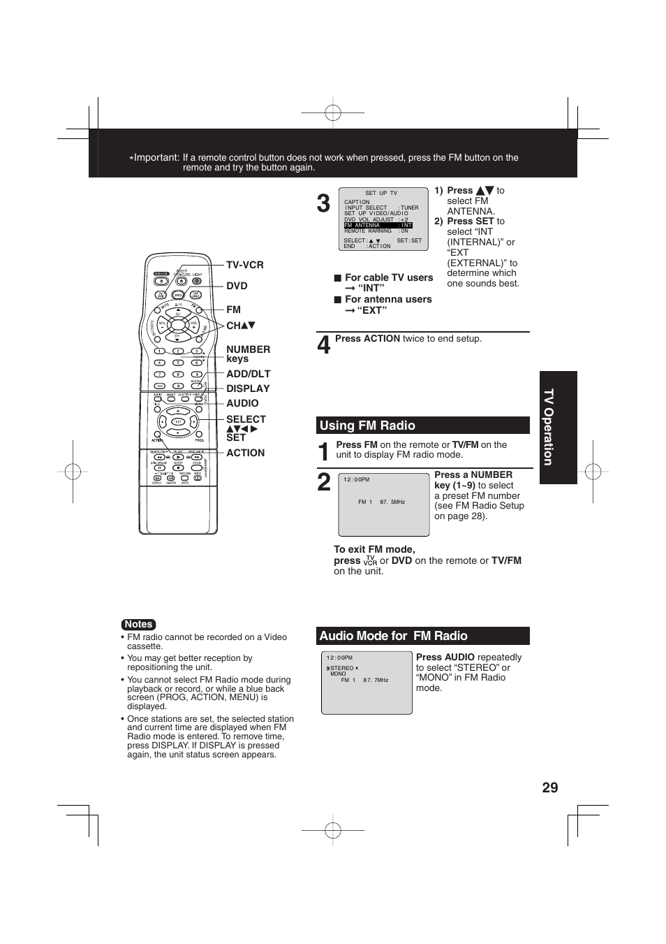 Using fm radio, Audio mode for fm radio, Tv operation | Panasonic PV-DF2703 User Manual | Page 29 / 80