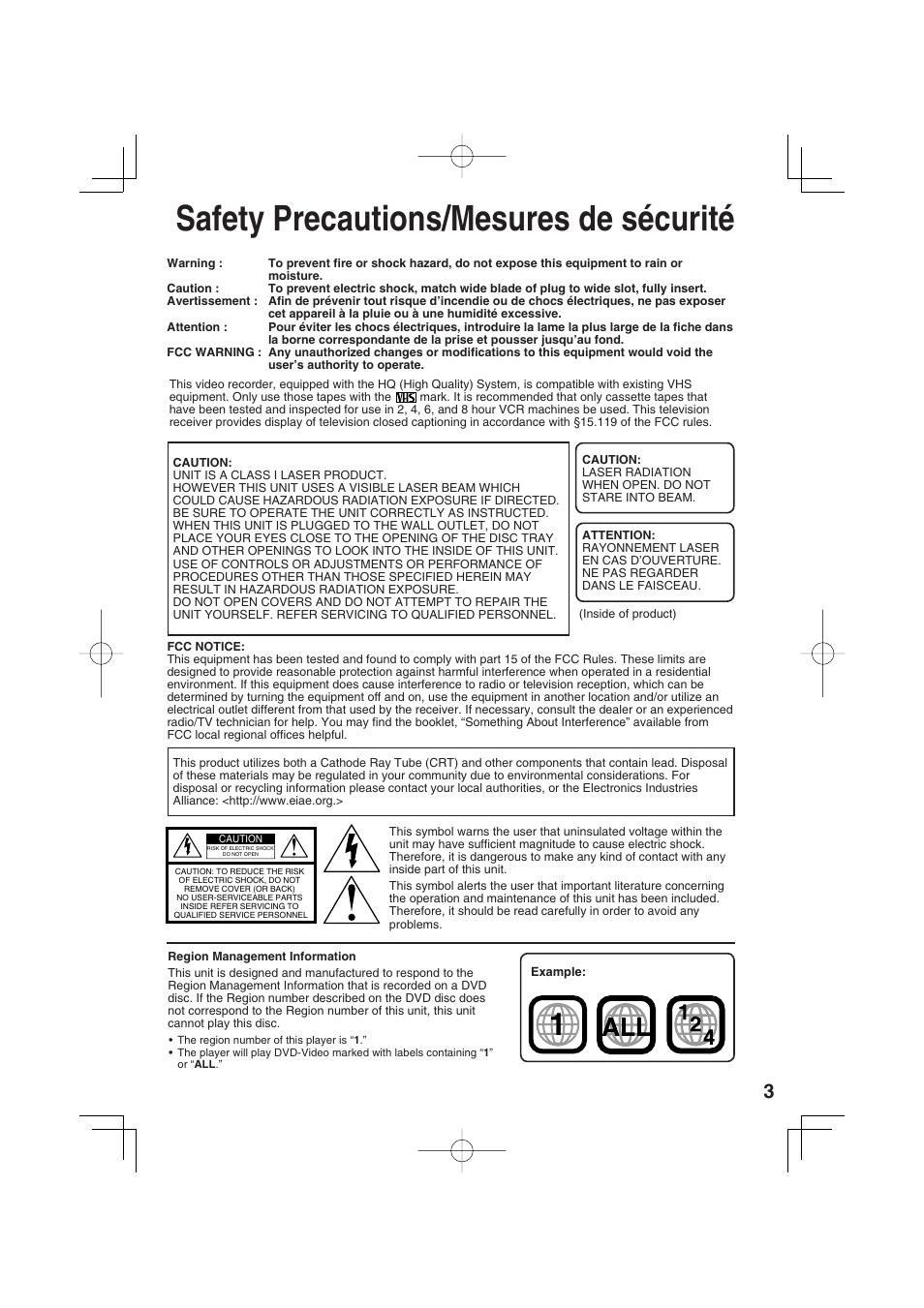 Safety precautions/mesures de securite, Safety precautions/mesures de sécurité | Panasonic PV-DF2703 User Manual | Page 3 / 80