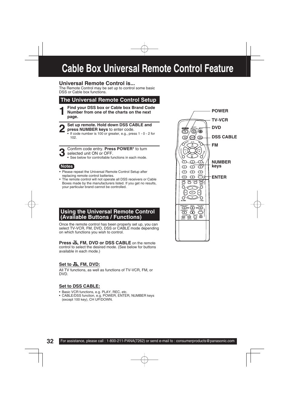 Advanced operation, Cable box universal remote control feature, The universal remote control setup | Panasonic PV-DF2703 User Manual | Page 32 / 80
