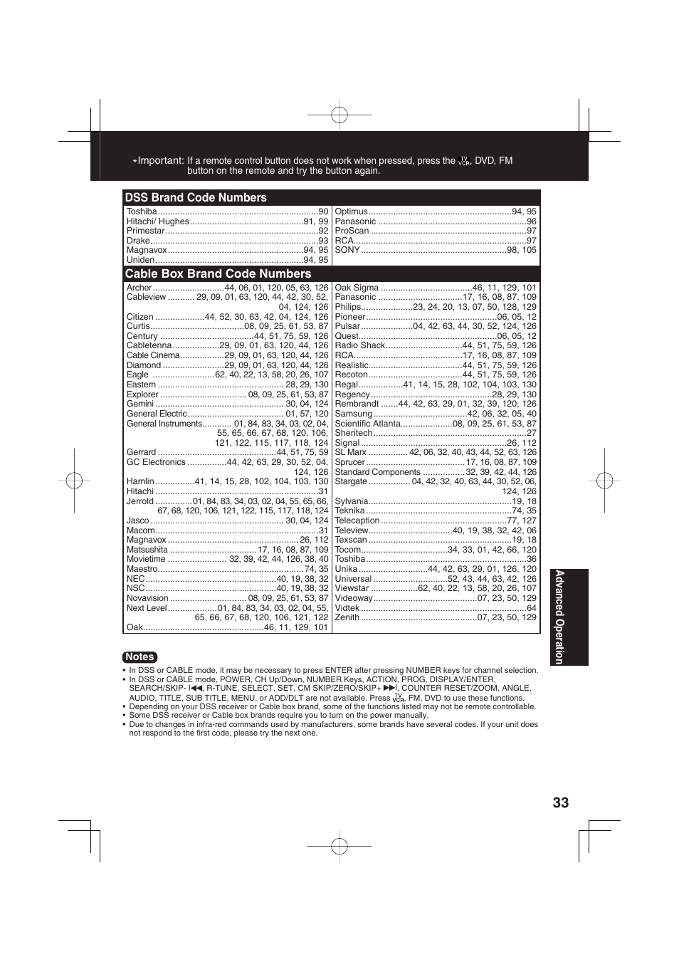 Dss brand code numbers, Cable box brand code numbers, Ad vanced operation | Panasonic PV-DF2703 User Manual | Page 33 / 80