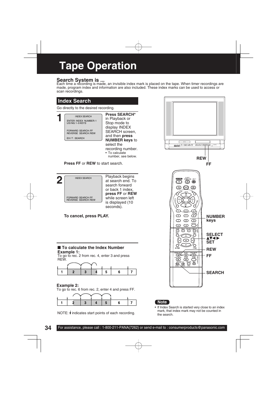 Tape operation, Index search, Search system is | Panasonic PV-DF2703 User Manual | Page 34 / 80