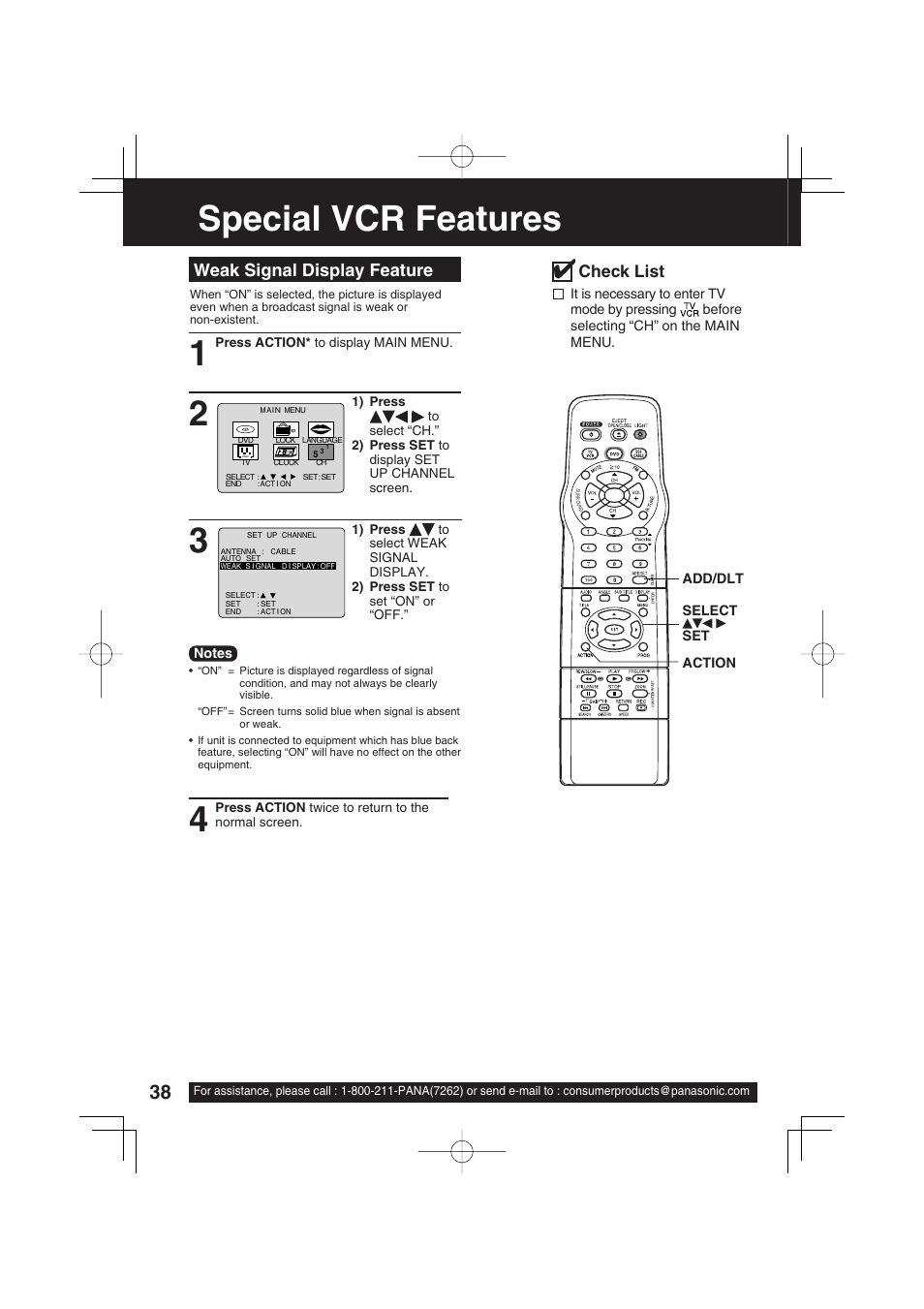 Special vcr features, Weak signal display feature, Check list | Panasonic PV-DF2703 User Manual | Page 38 / 80
