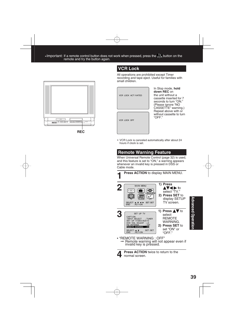 Vcr lock, Remote warning feature | Panasonic PV-DF2703 User Manual | Page 39 / 80