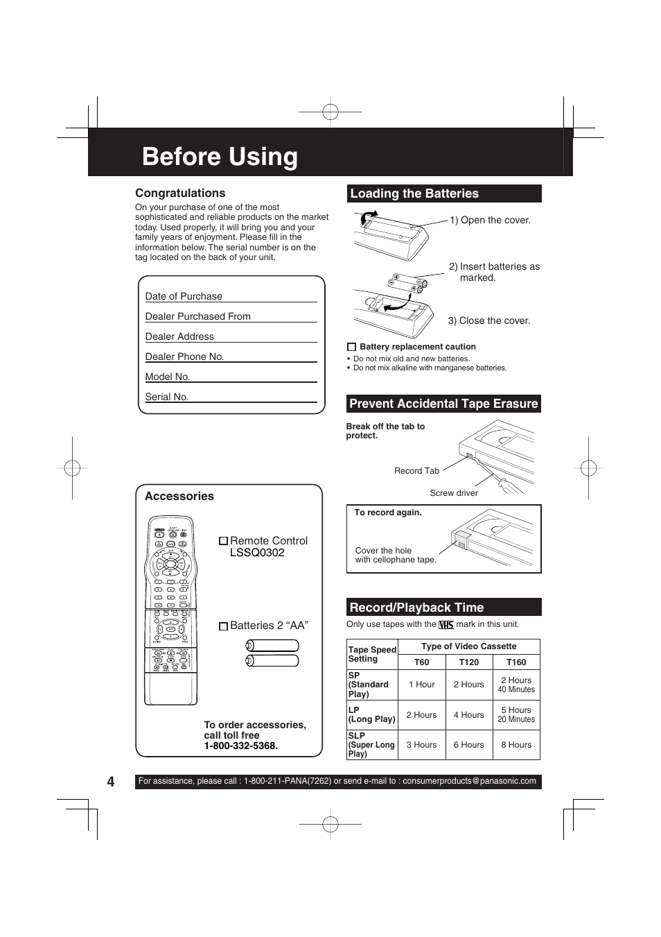 Before using, Record/playback time, Loading the batteries | Prevent accidental tape erasure, Accessories, Remote control lssq0302, Batteries 2 “aa | Panasonic PV-DF2703 User Manual | Page 4 / 80