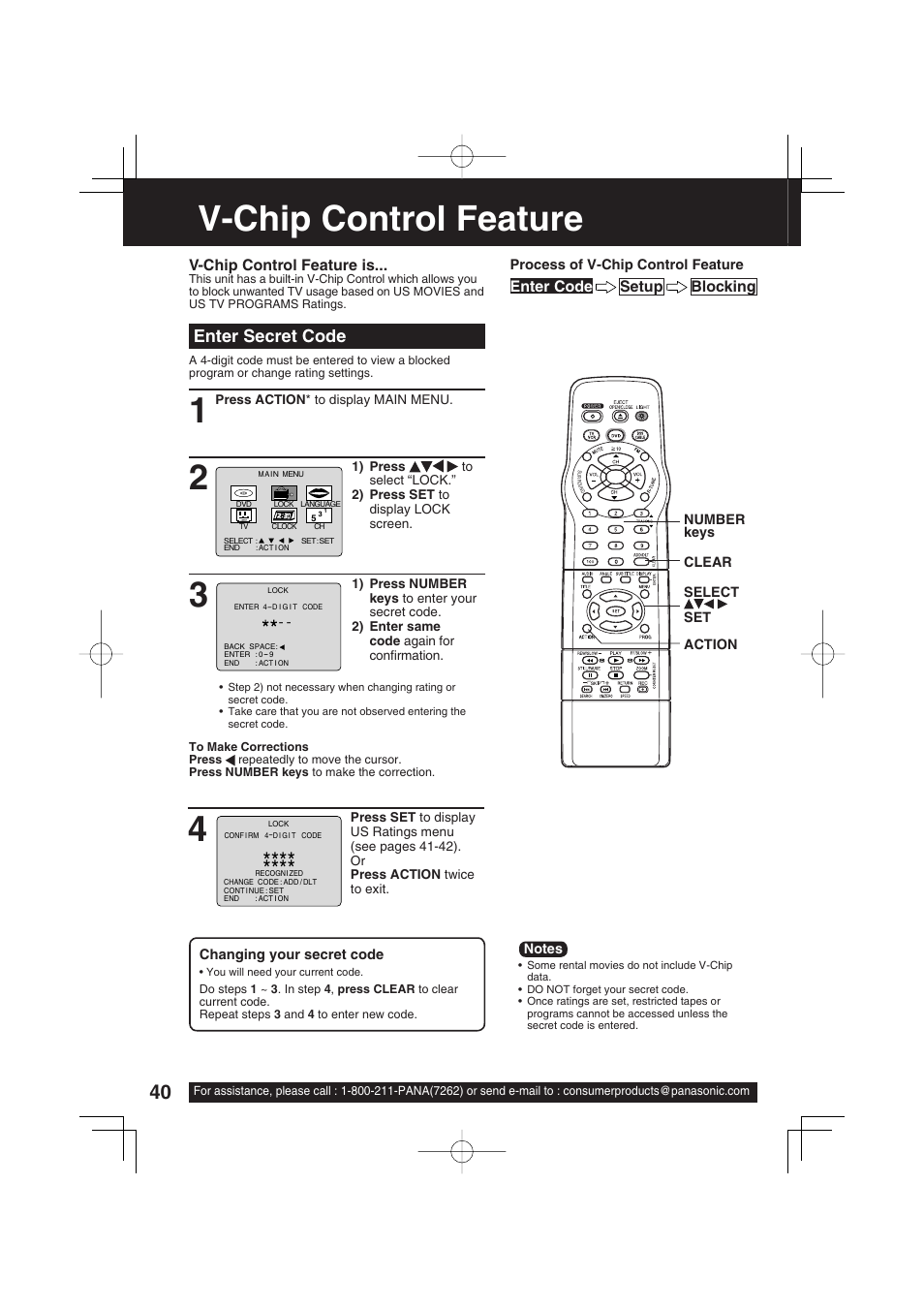 V-chip control feature, Enter secret code, Setup blocking enter code | V-chip control feature is | Panasonic PV-DF2703 User Manual | Page 40 / 80