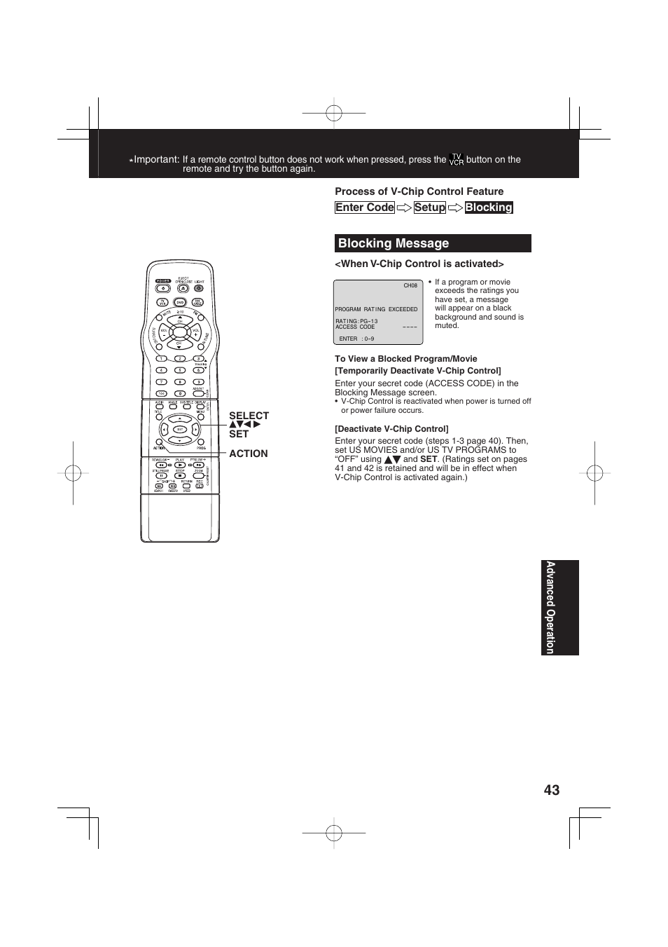 Blocking message, Ad vanced operation, Setup blocking enter code | Panasonic PV-DF2703 User Manual | Page 43 / 80