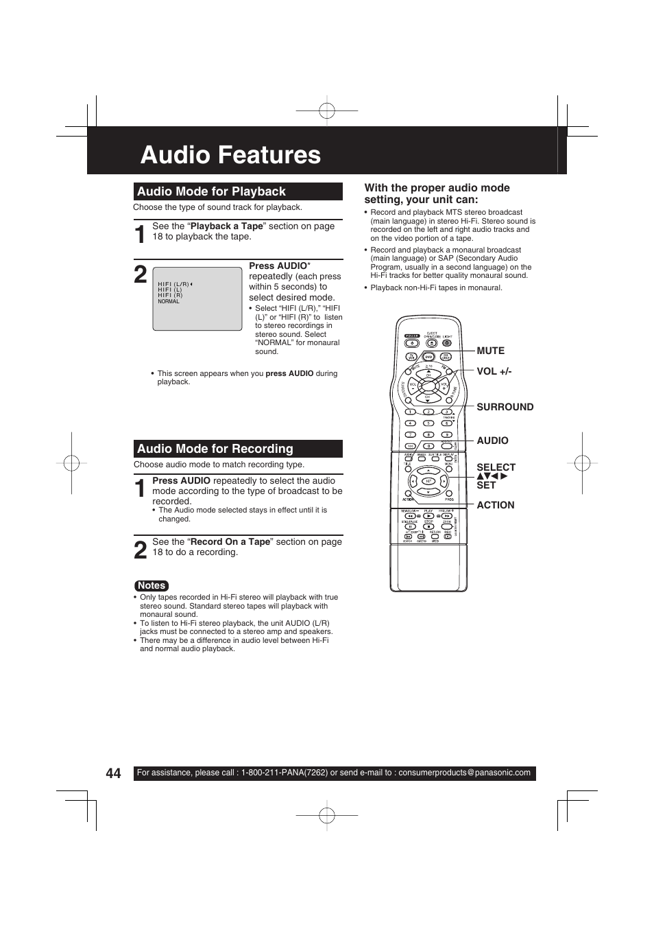 Audio features, Audio mode for playback, Audio mode for recording | Panasonic PV-DF2703 User Manual | Page 44 / 80