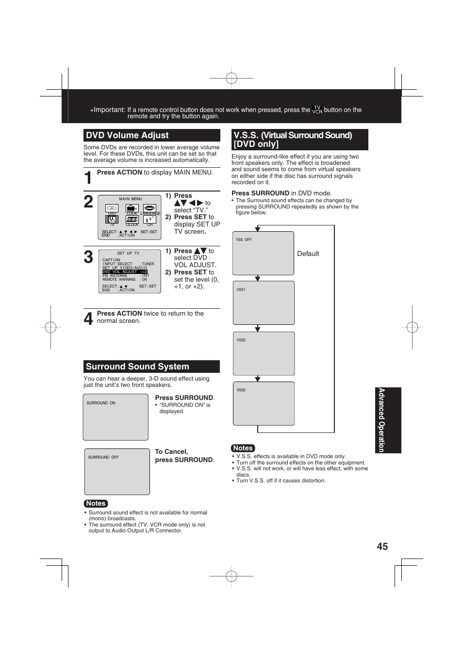 Dvd volume adjust, Surround sound system, V.s.s. (virtual surround sound) [dvd only | Ad vanced operation | Panasonic PV-DF2703 User Manual | Page 45 / 80