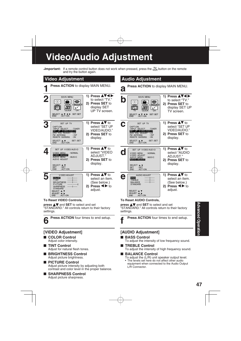 Video/audio adjustment, Audio adjustment video adjustment | Panasonic PV-DF2703 User Manual | Page 47 / 80