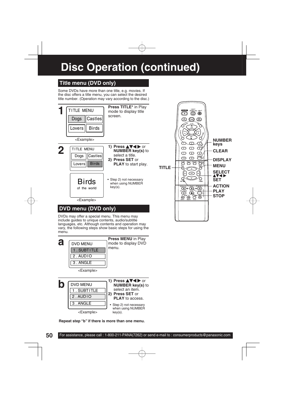 Disc operation (continued), Title menu (dvd only), Dvd menu (dvd only) | Panasonic PV-DF2703 User Manual | Page 50 / 80