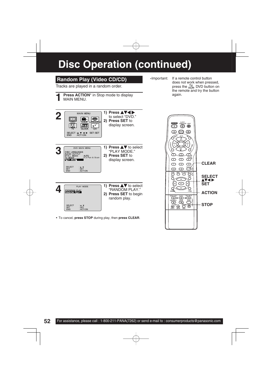 Disc operation (continued), Random play (video cd/cd) | Panasonic PV-DF2703 User Manual | Page 52 / 80