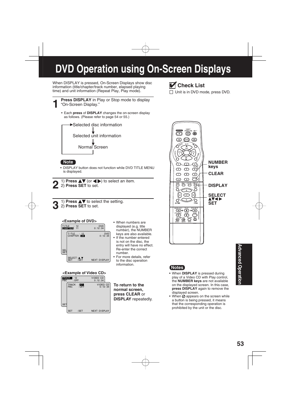 Dvd operation using on-screen displays, Check list, Ad vanced operation | Panasonic PV-DF2703 User Manual | Page 53 / 80