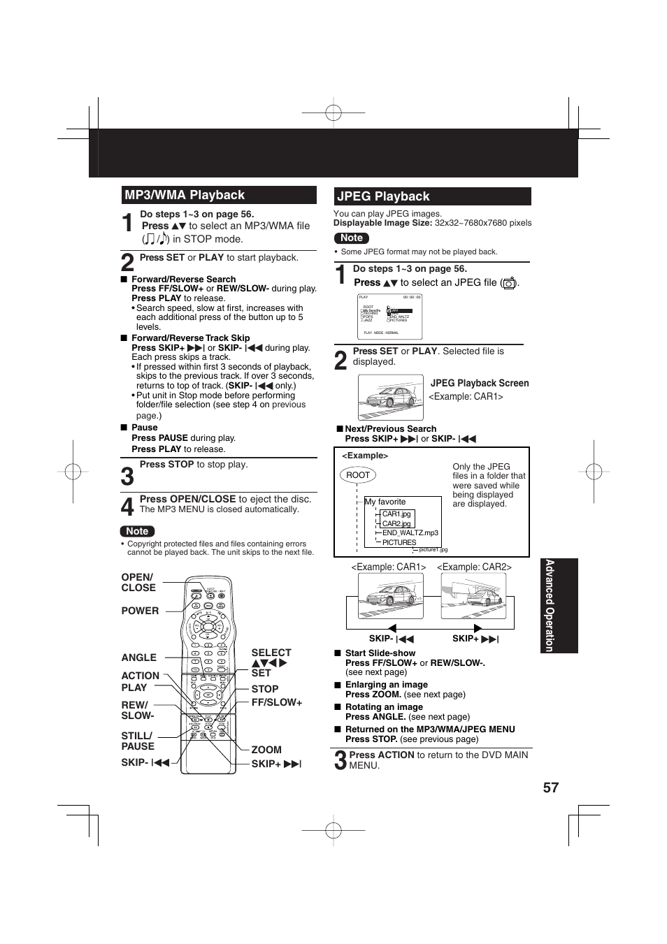 Mp3/wma playback jpeg playback, Ad vanced operation | Panasonic PV-DF2703 User Manual | Page 57 / 80