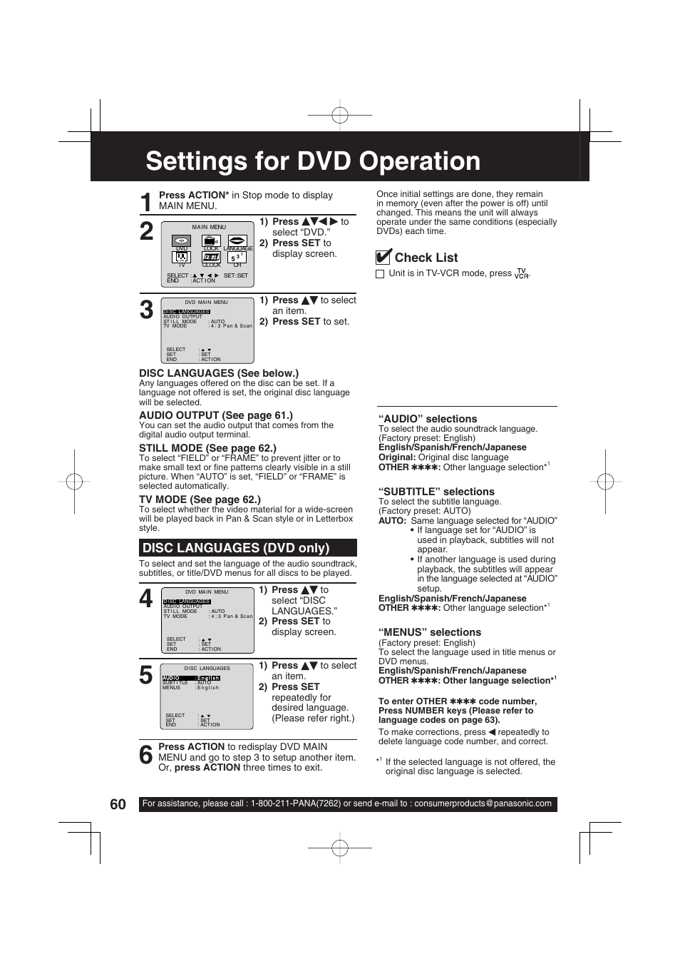 For your information, Settings for dvd operation, Disc languages (dvd only) | Check list | Panasonic PV-DF2703 User Manual | Page 60 / 80