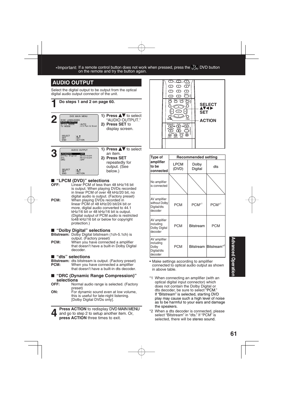 Audio output, Ad vanced operation | Panasonic PV-DF2703 User Manual | Page 61 / 80