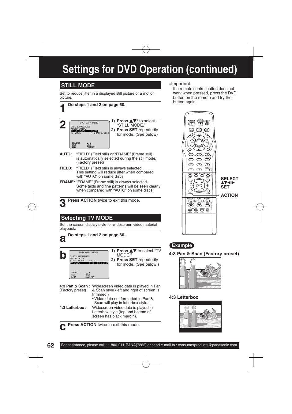Settings for dvd operation (continued), Still mode, Selecting tv mode | Panasonic PV-DF2703 User Manual | Page 62 / 80