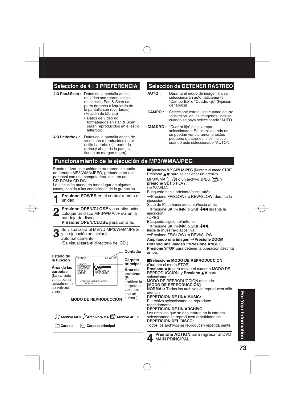 Selección de detener rastreo, Selección de 4 : 3 preferencia, Funcionamiento de la ejecución de mp3/wma/jpeg | Panasonic PV-DF2703 User Manual | Page 73 / 80