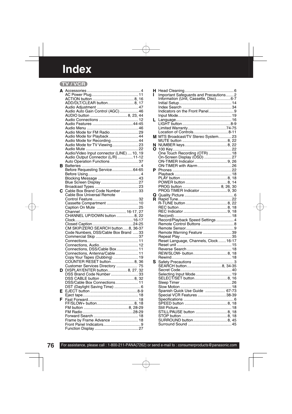 Index | Panasonic PV-DF2703 User Manual | Page 76 / 80