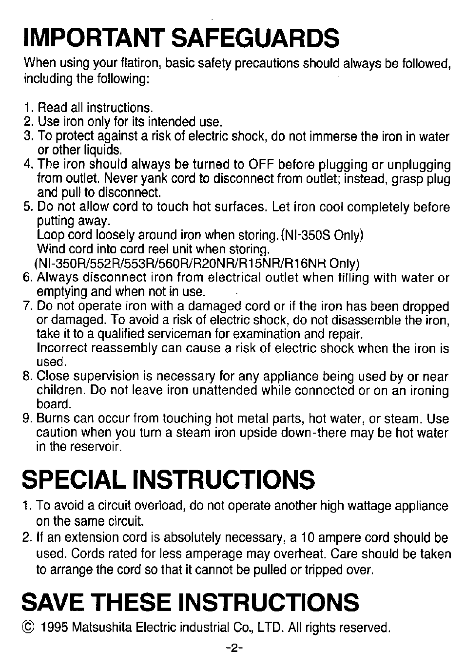 Important safeguards, Save these instructions, Special instructions | Panasonic NI-350S User Manual | Page 2 / 10