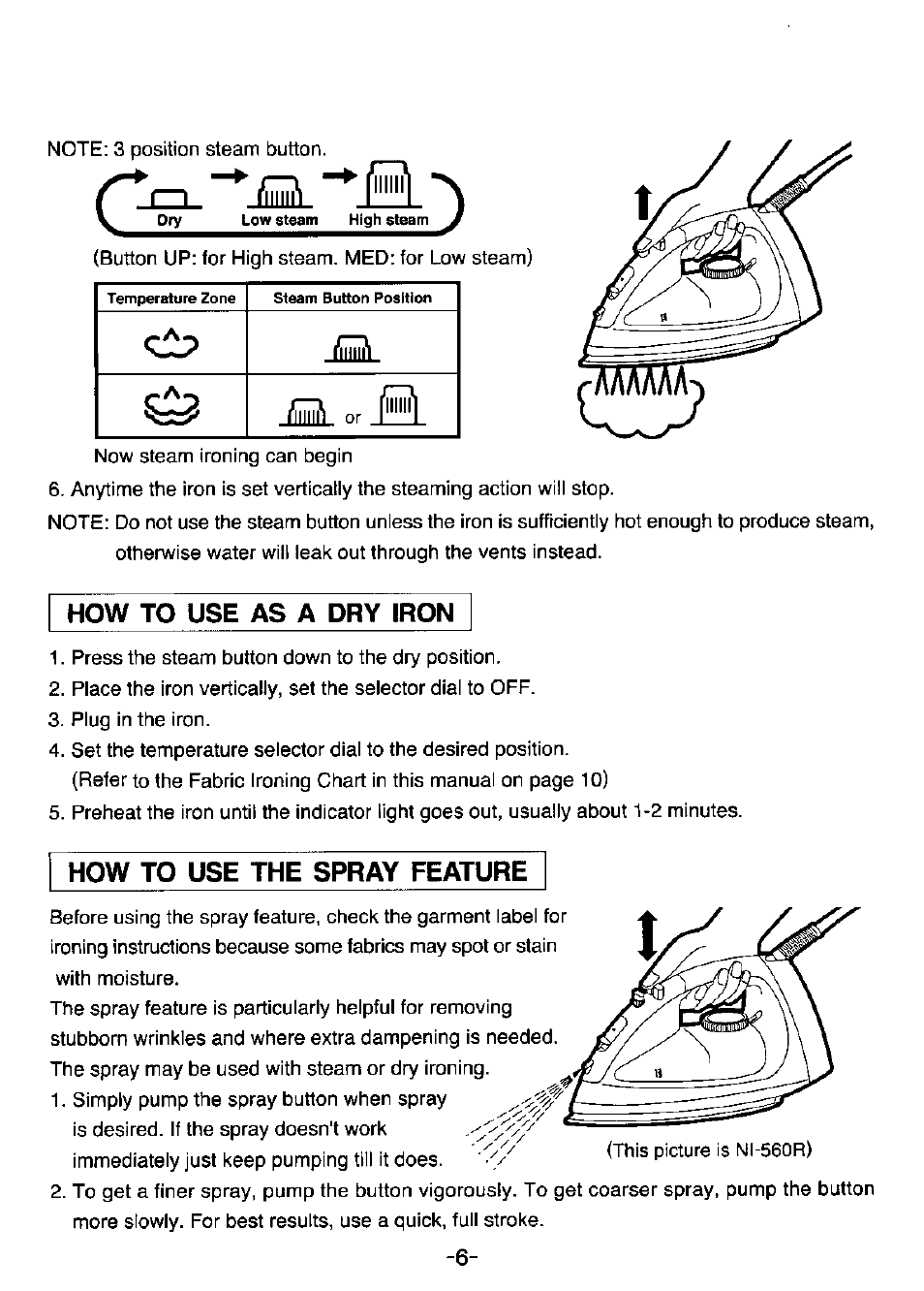 Sa mlor&l, How to use as a dry iron, How to use the spray feature | Panasonic NI-350S User Manual | Page 6 / 10