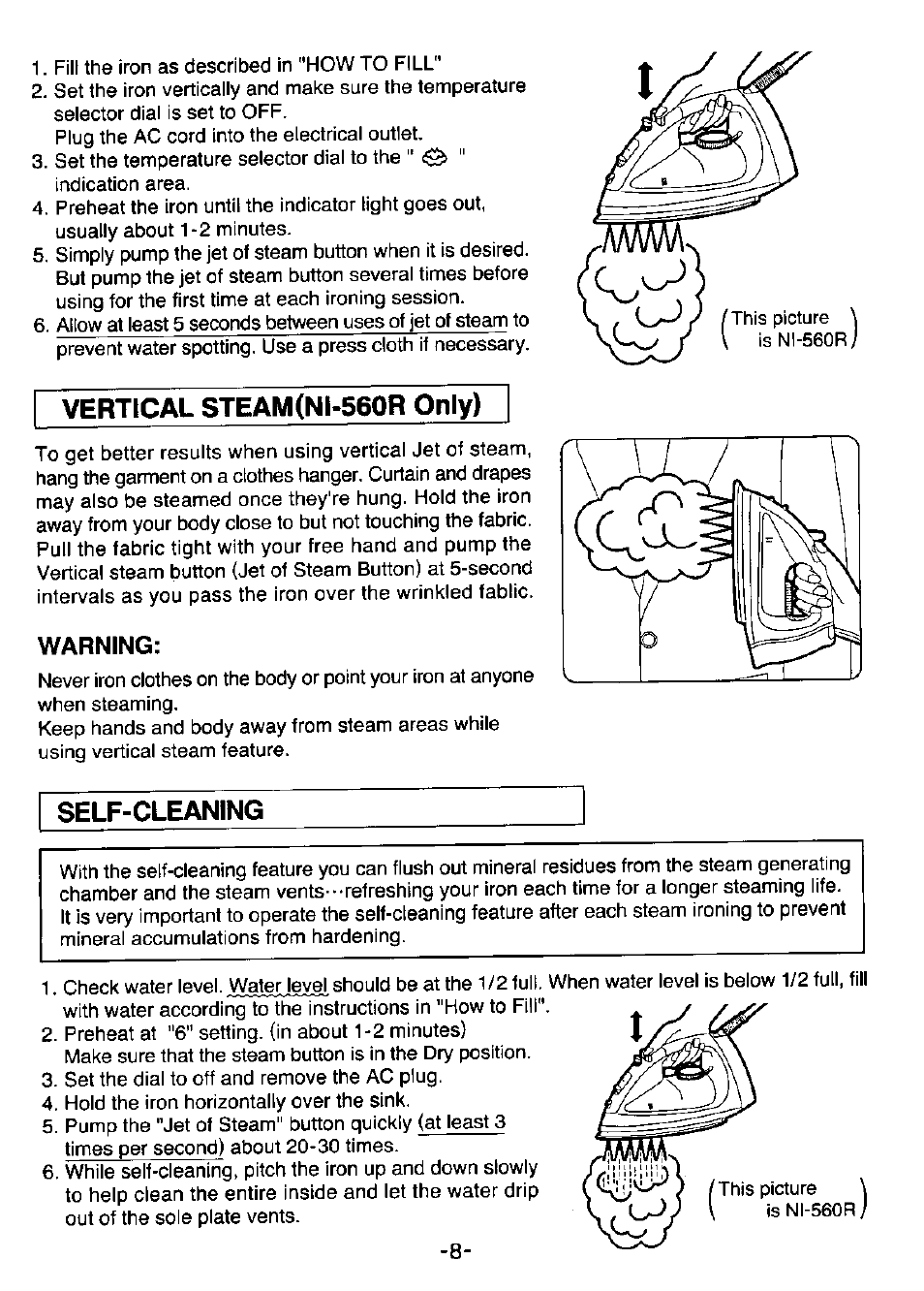 Warning, Vertical steam(ni-560r only), Self-cleaning | Panasonic NI-350S User Manual | Page 8 / 10