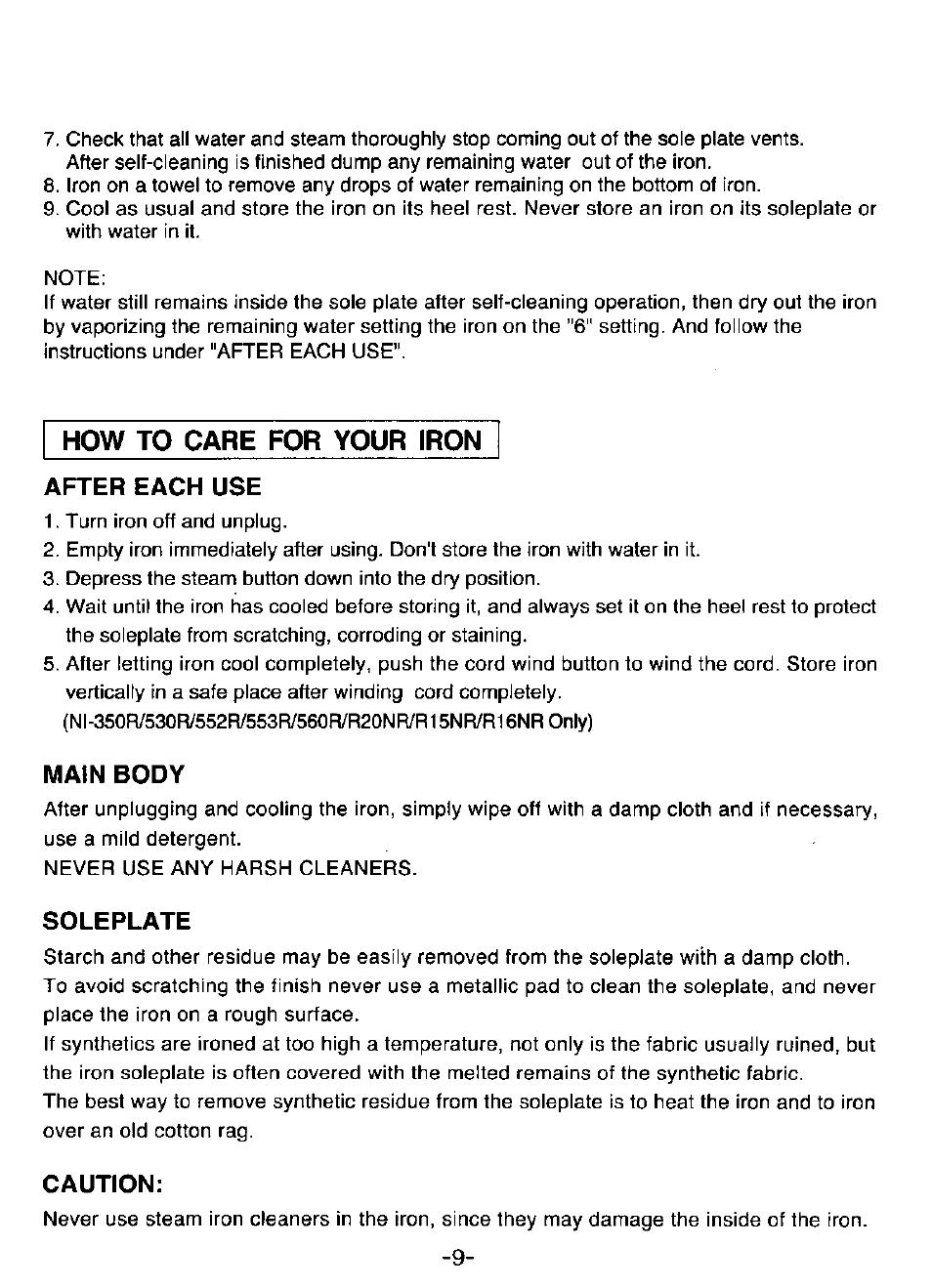 After each use, Main body, Soleplate | Caution, How to care for your iron | Panasonic NI-350S User Manual | Page 9 / 10