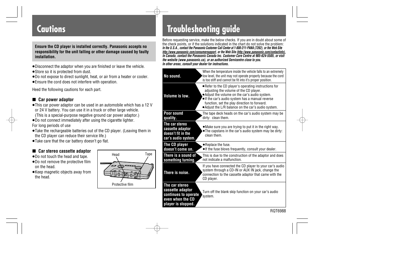 Troubleshooting guide, Cautions | Panasonic Car Kit User Manual | Page 2 / 2