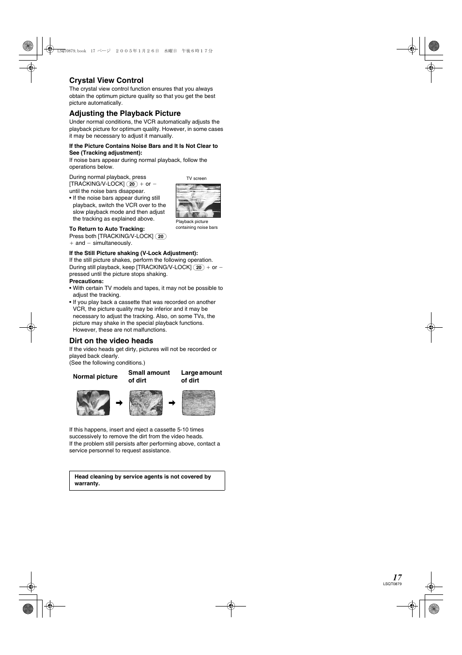 Crystal view control, Adjusting the playback picture, Dirt on the video heads | Panasonic NV-MV22GN User Manual | Page 17 / 20
