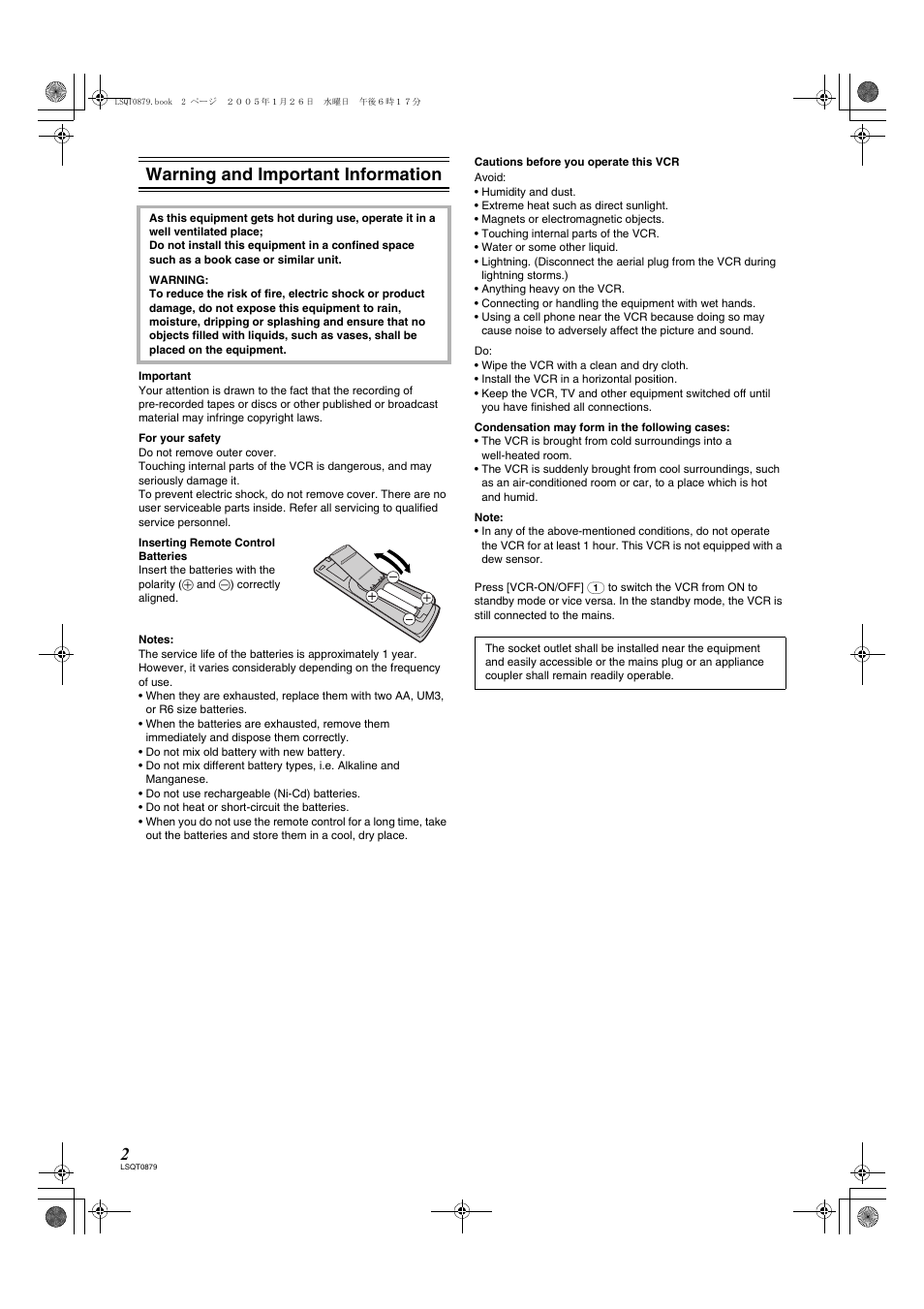 Warning and important information | Panasonic NV-MV22GN User Manual | Page 2 / 20