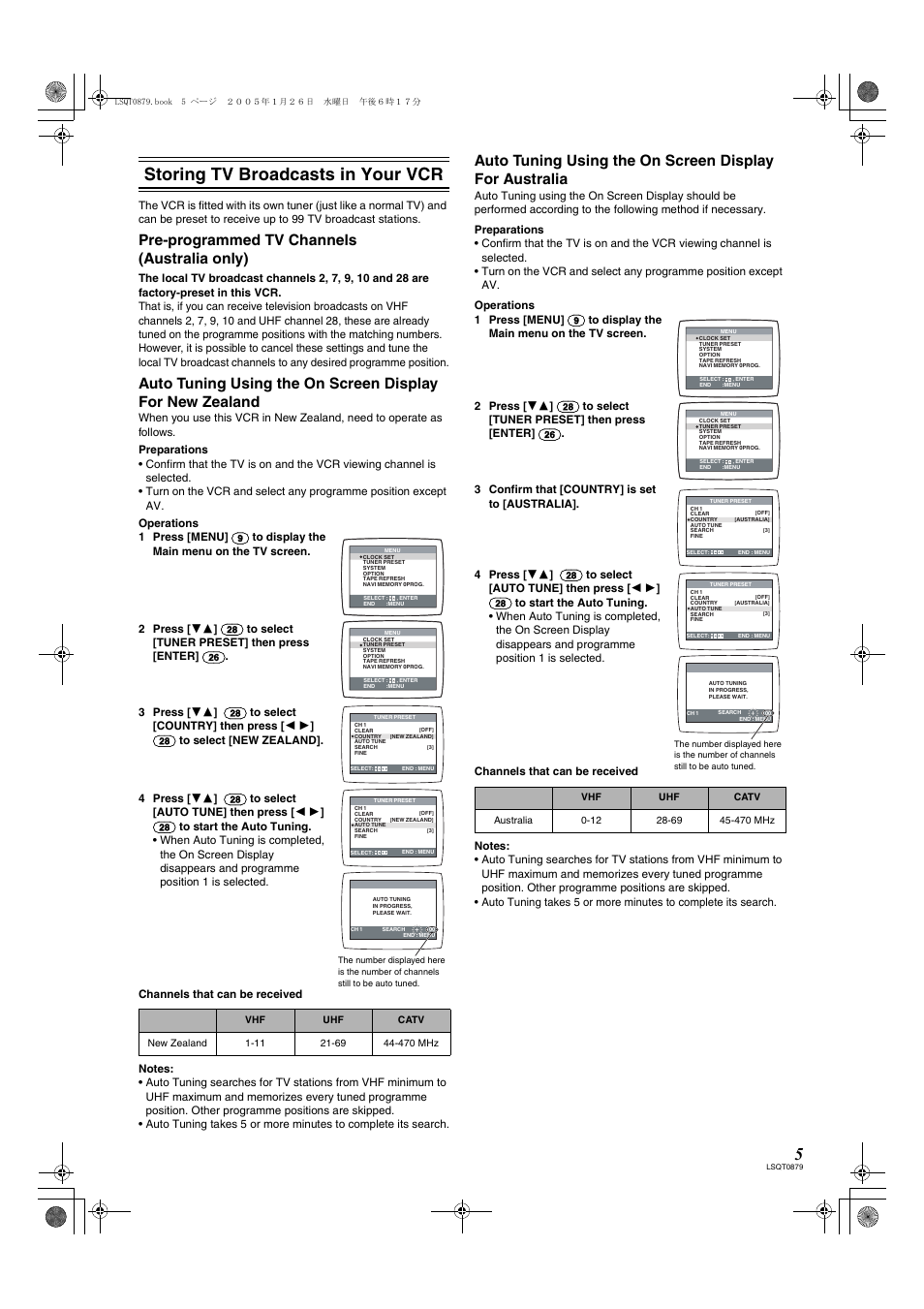 Storing tv broadcasts in your vcr, Pre-programmed tv channels (australia only) | Panasonic NV-MV22GN User Manual | Page 5 / 20