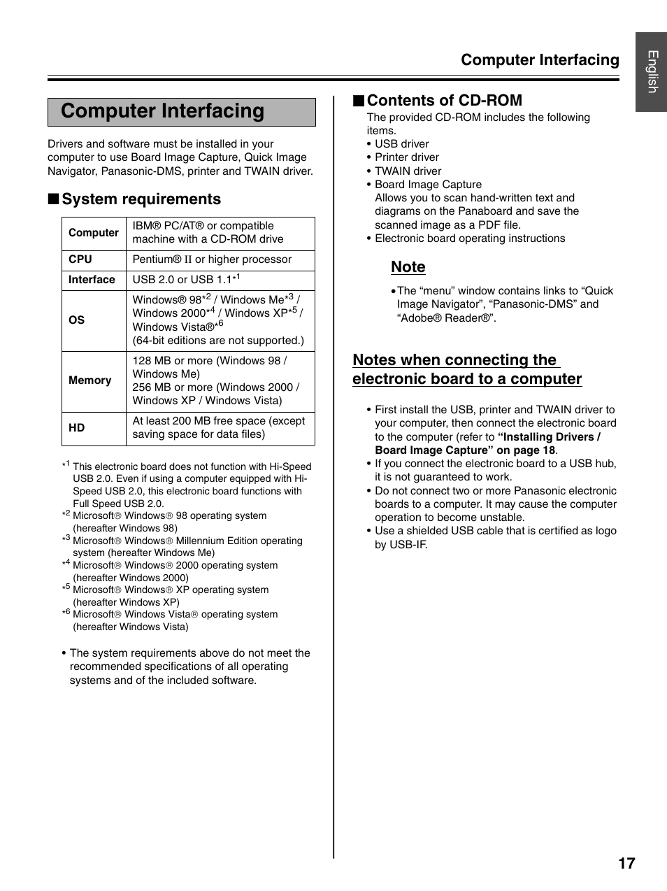 Computer interfacing, System requirements, Contents of cd-rom | Computer interfacing 17, English | Panasonic UB-5325 User Manual | Page 17 / 28