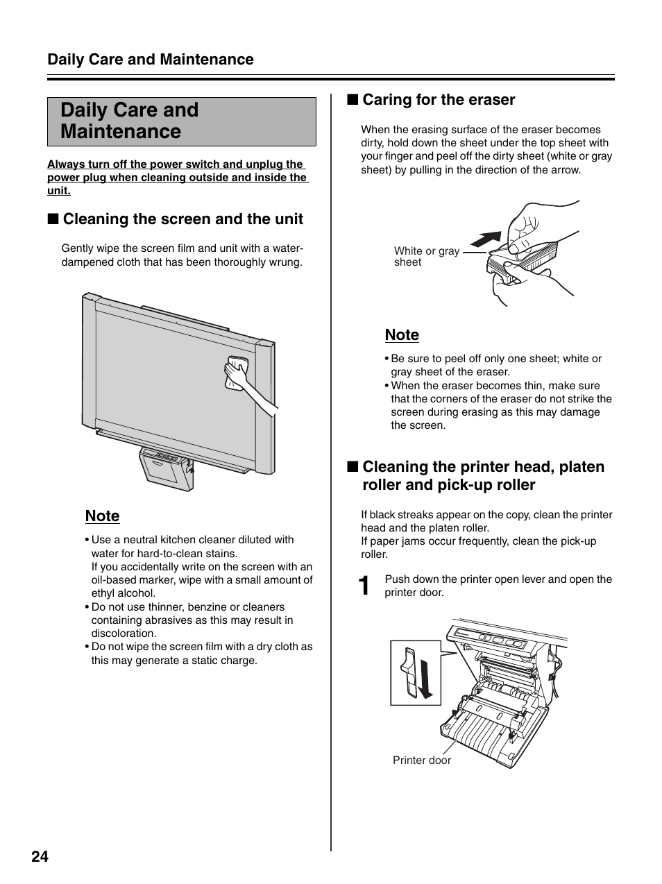 Daily care and maintenance, Cleaning the screen and the unit, Caring for the eraser | Daily care and maintenance 24 | Panasonic UB-5325 User Manual | Page 24 / 28