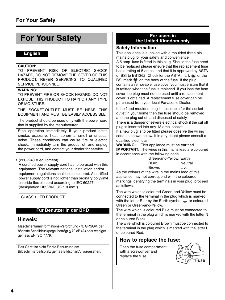 For your safety, 4for your safety, Hinweis | How to replace the fuse | Panasonic UB-5325 User Manual | Page 4 / 28