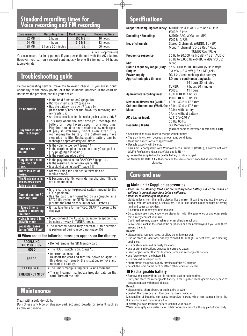 Troubleshooting guide specifications, Care and use, Maintenance | Panasonic EG EB GC GK GN GH En User Manual | Page 3 / 8