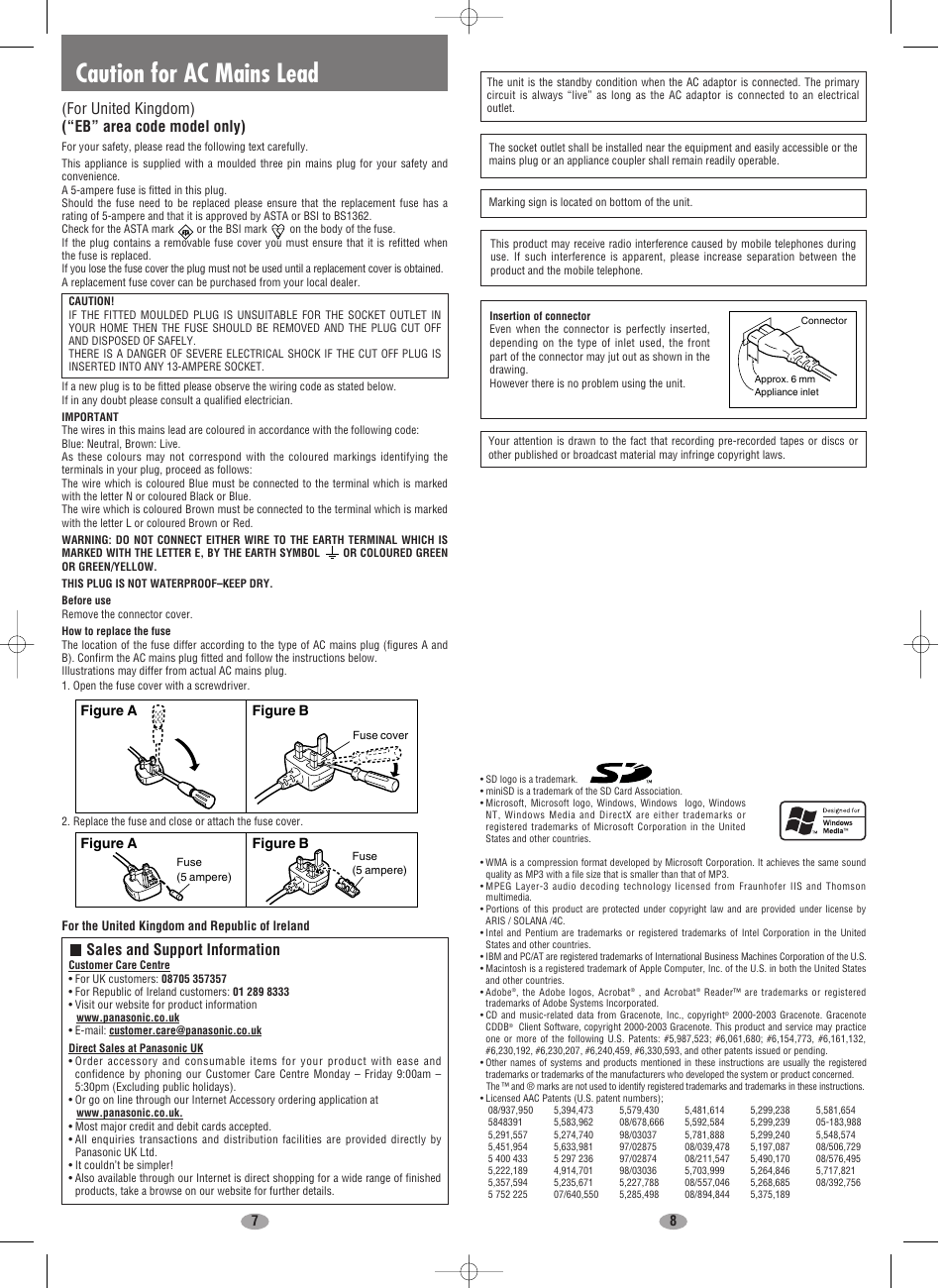 Caution for ac mains lead, For united kingdom) (“eb” area code model only), Sales and support information | Panasonic EG EB GC GK GN GH En User Manual | Page 4 / 8