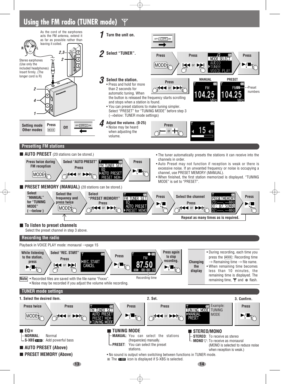 Using the fm radio (tuner mode) | Panasonic EG EB GC GK GN GH En User Manual | Page 7 / 8