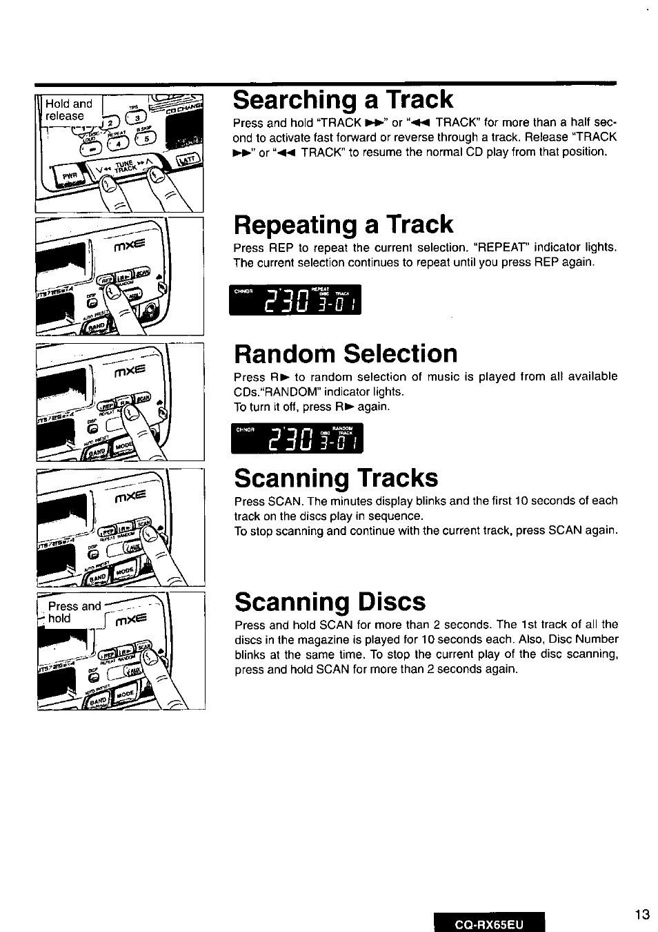 Searching a track, Repeating a track, Random selection | Scanning tracks, Scanning discs, C j u 3 - 0 i | Panasonic CQRX65EU User Manual | Page 13 / 28