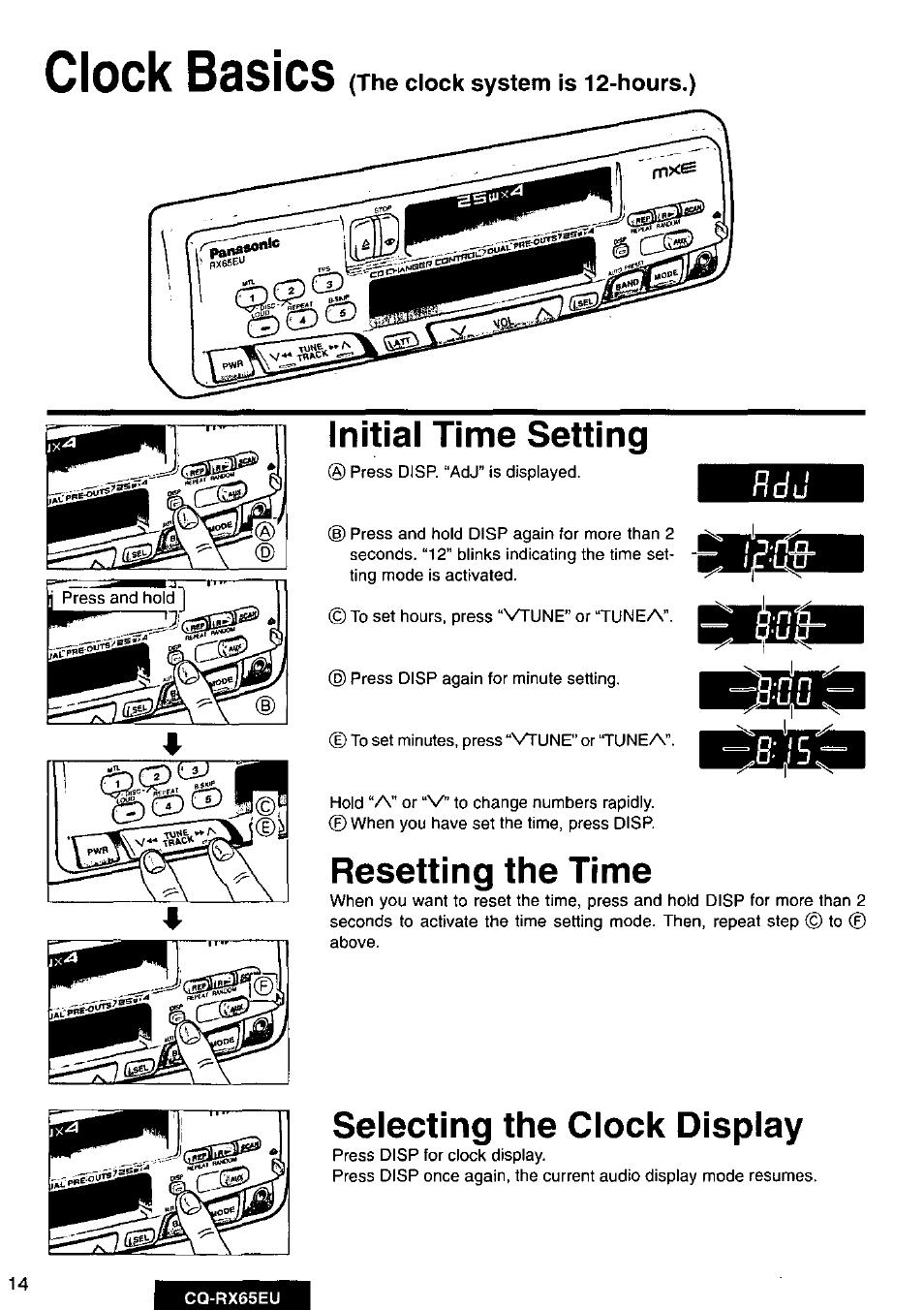 Initial time setting, Resetting the time, Selecting the clock display | Clock basics, H d u | Panasonic CQRX65EU User Manual | Page 14 / 28