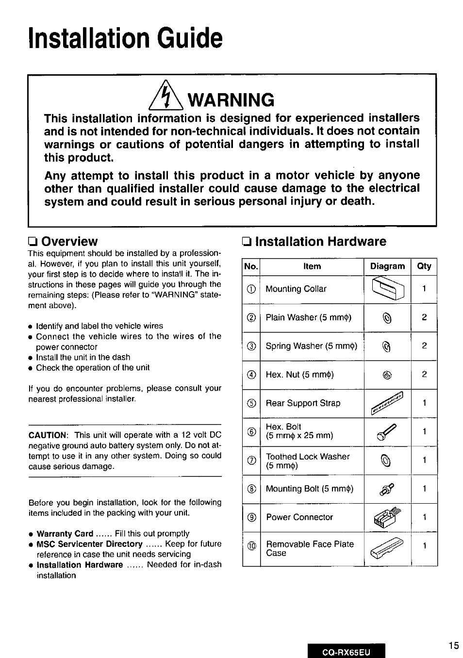 Overview, Installation hardware, Installation guide | Warning | Panasonic CQRX65EU User Manual | Page 15 / 28