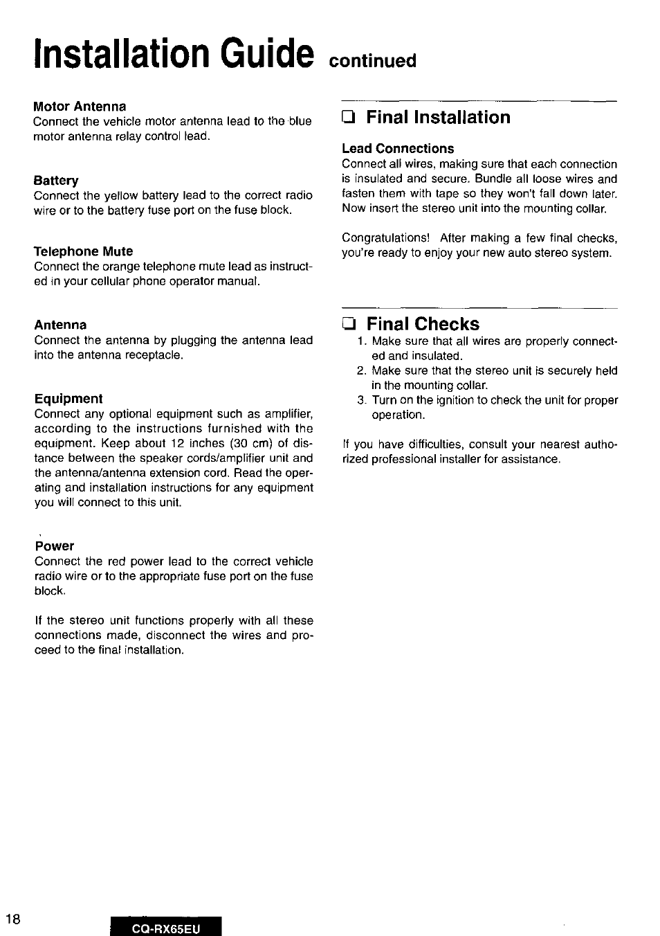 Final installation, Final checks, Installation guide | Continued | Panasonic CQRX65EU User Manual | Page 18 / 28