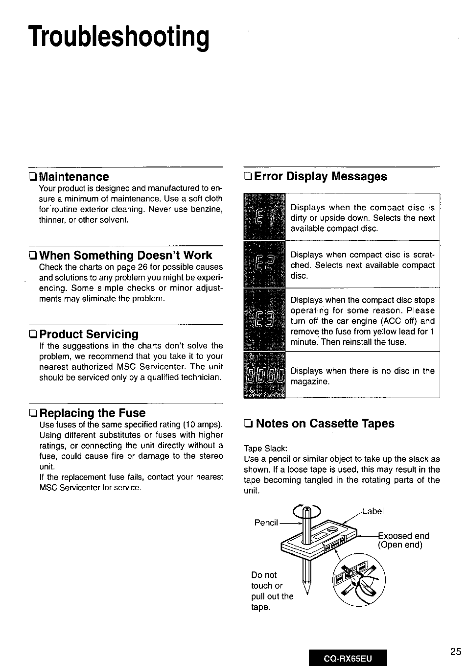 Troubleshooting, Isig, Maintenance | When something doesn’t work, Product servicing, Replacing the fuse, Error display messages | Panasonic CQRX65EU User Manual | Page 25 / 28