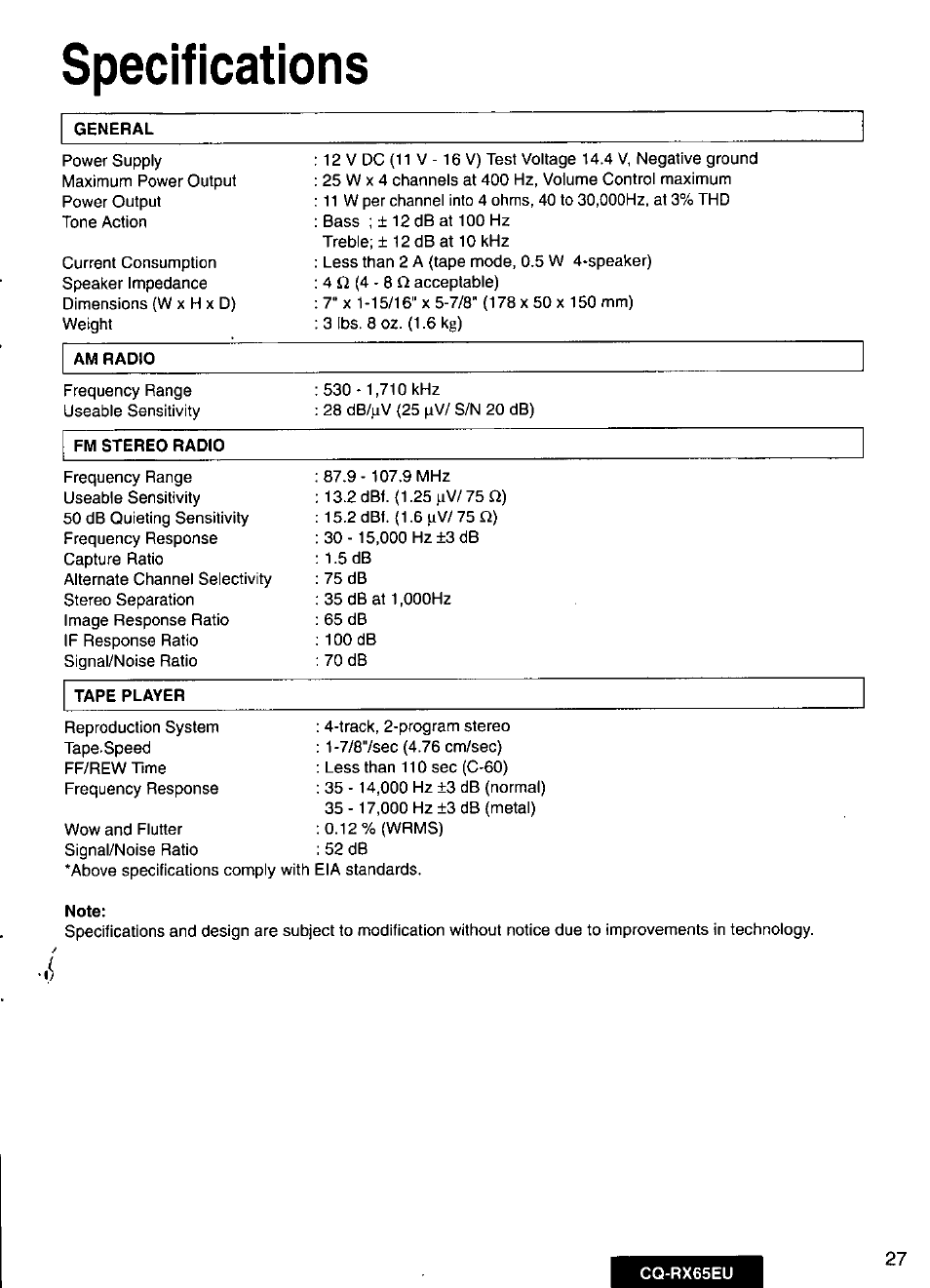 Specifications | Panasonic CQRX65EU User Manual | Page 27 / 28