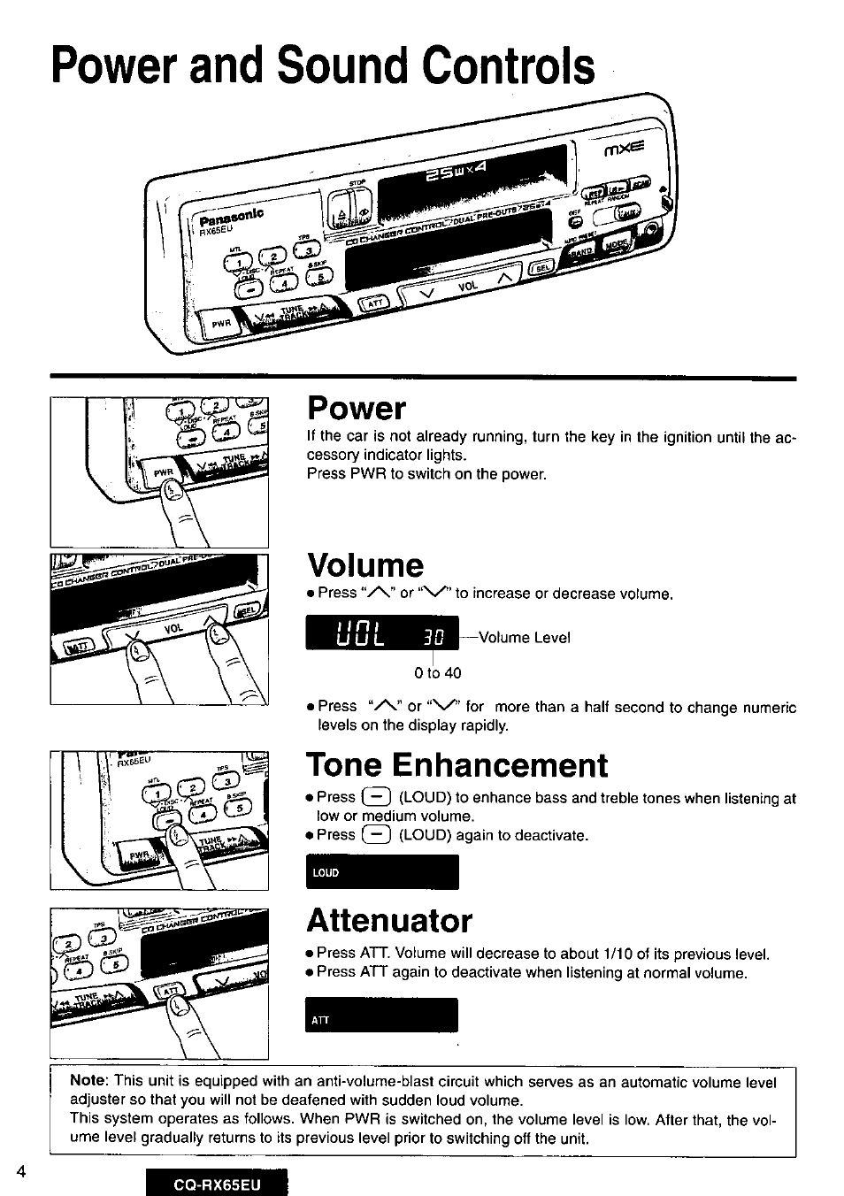 Power and sound controls, Power, Volume | Tone enhancement, Attenuator | Panasonic CQRX65EU User Manual | Page 4 / 28