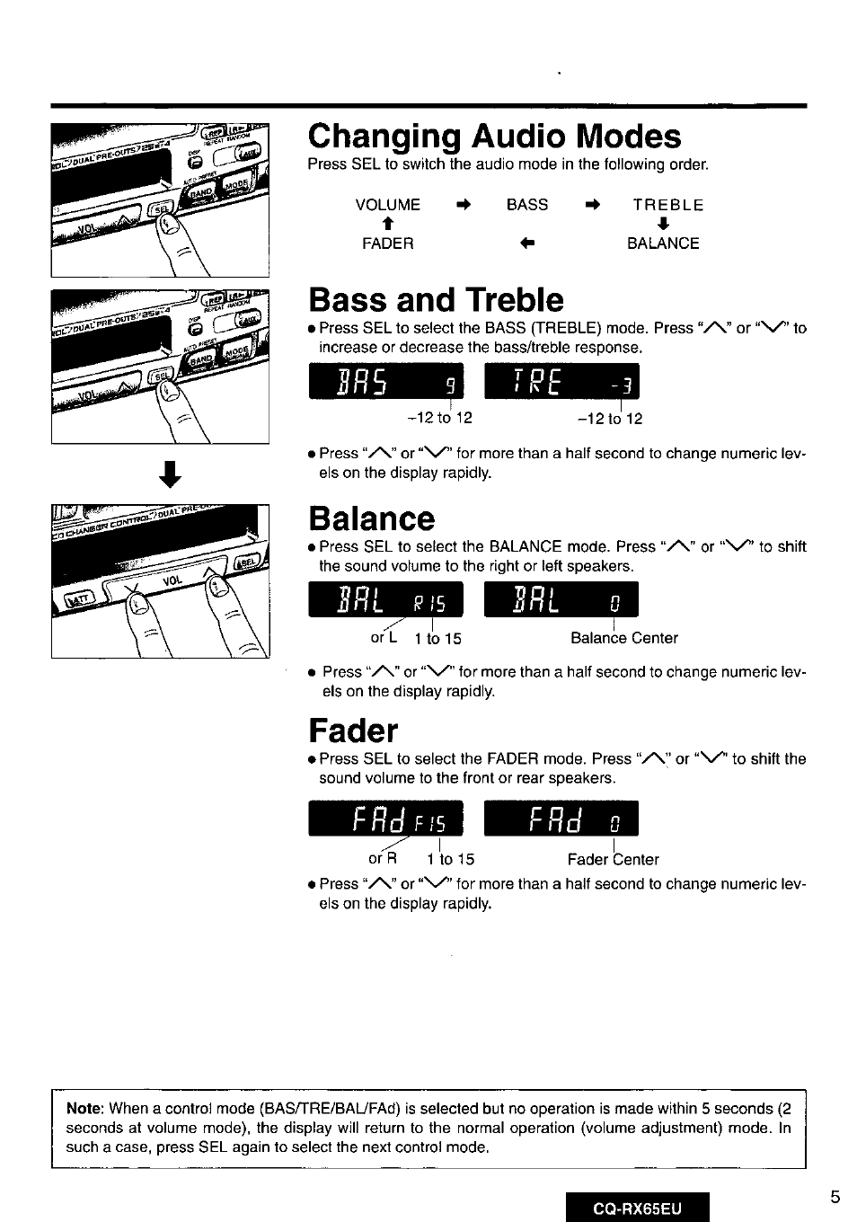 Changing audio modes, Bass and treble, Balance | Fader | Panasonic CQRX65EU User Manual | Page 5 / 28