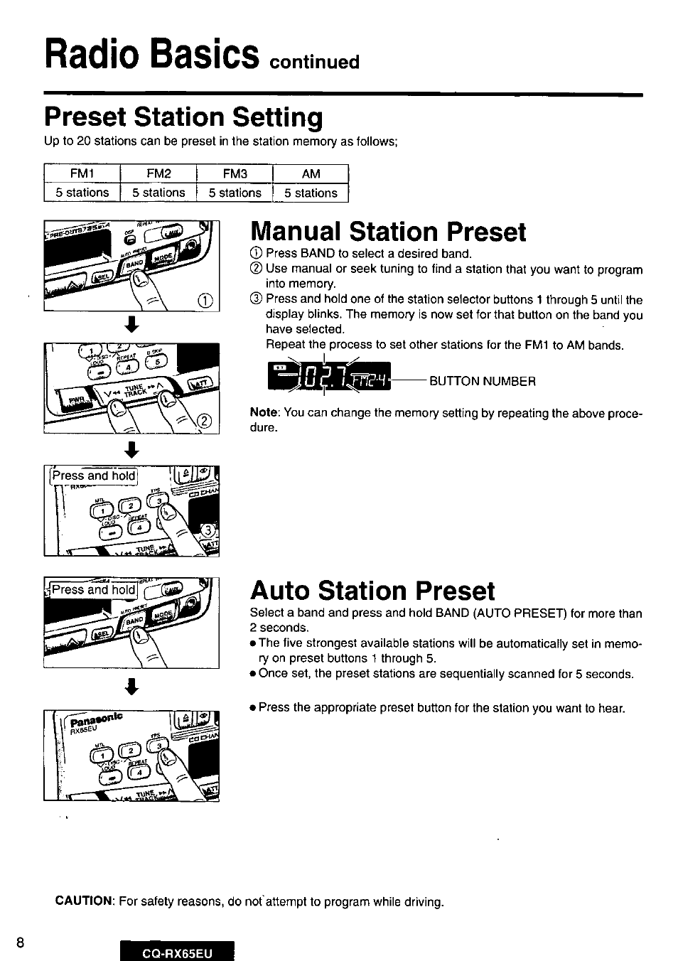 Radio basics, Preset station setting, Manual station preset | Auto station preset, Continued | Panasonic CQRX65EU User Manual | Page 8 / 28