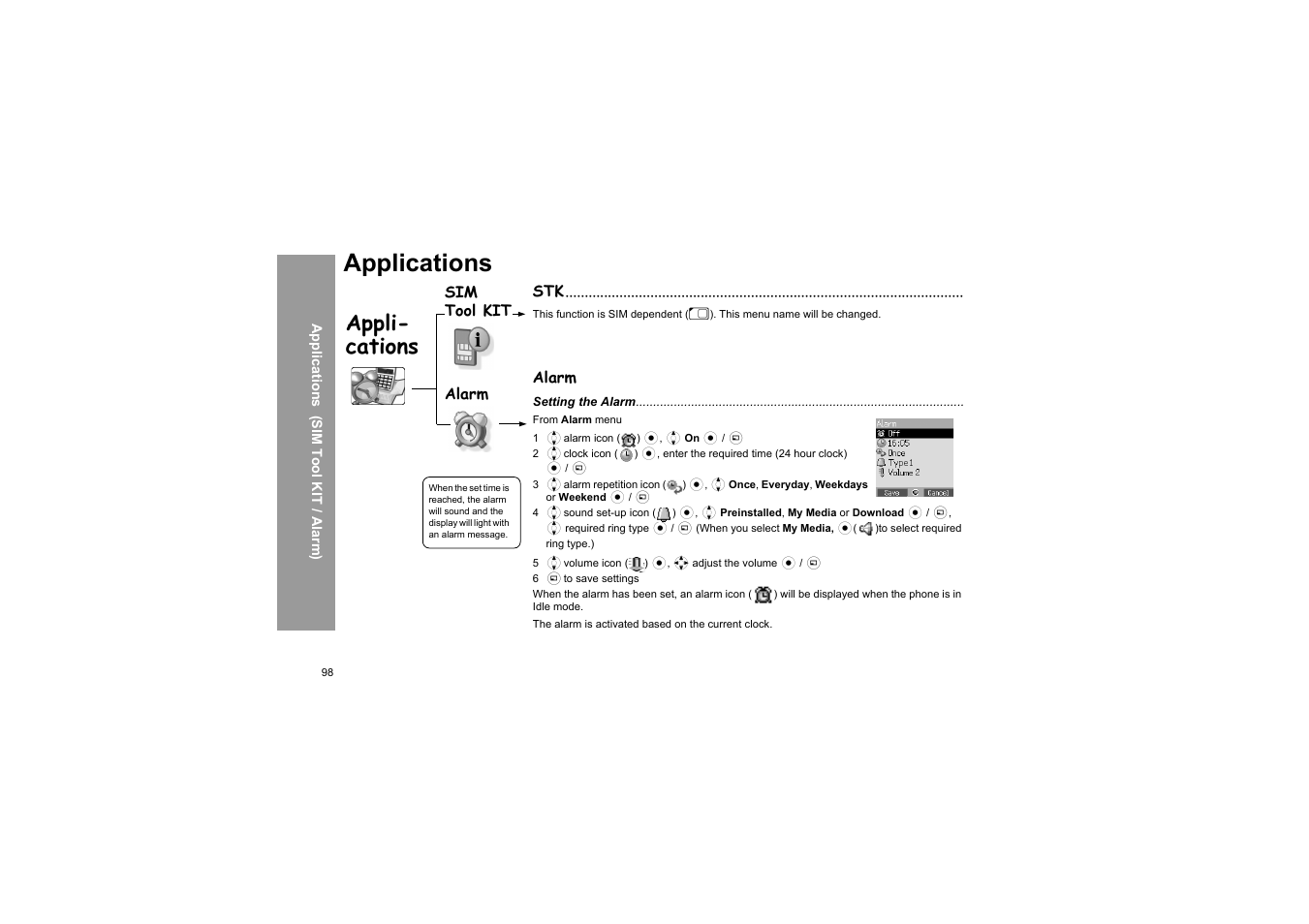 Applications, Alarm, Stk alarm | Appli- cations, Alarm sim tool kit | Panasonic X66 User Manual | Page 101 / 129