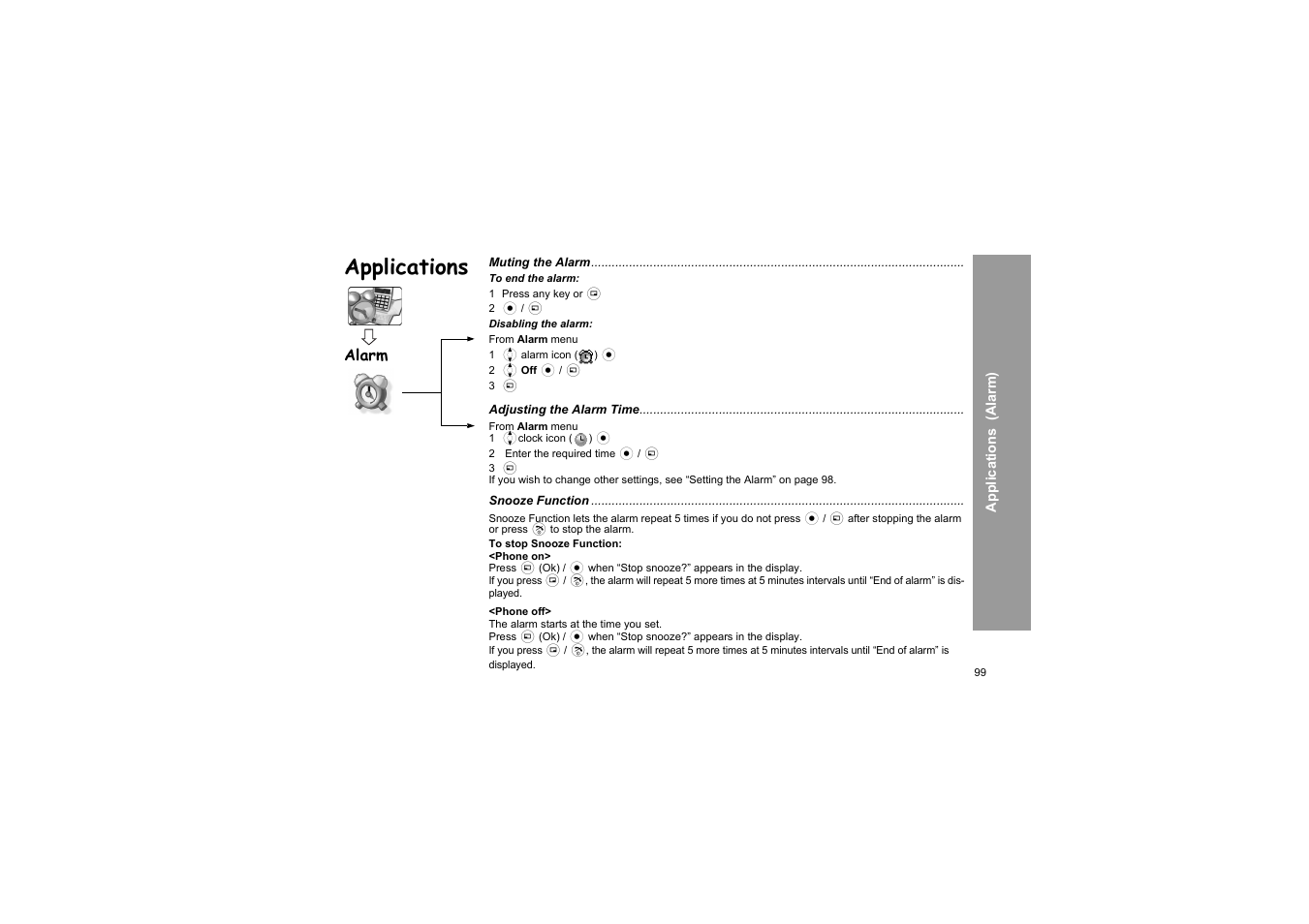 Applications, Alarm | Panasonic X66 User Manual | Page 102 / 129